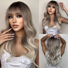 이벤트가발 Natural Blonde Yellow Long Wavy Synthetic Hair Wigs with Bangs Women Body Wave Afro Female Cos, LC049-1