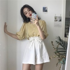 정말이쁜 여름 디자인 프랑스 스타일 퍼프 슬리브 셔츠 플러스 사이즈 레트로 여성용 넉넉한 서양식 상의 통통한 소녀
