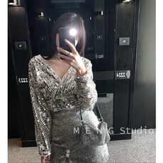스팽글 V넥 블라우스 짧은 탑 249204