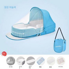 다기능 접이식 아기 침대 이동식 배낭형 모기장 포함 휴대용 신생아 포터블 매트리스, 스카이 블루+어닝+베개+매트+기저귀패드