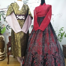 [한복대여] 화려한오후 홍색 금분 치마 인디핑크 저고리 바지 검정 금직 쾌자 커플한복 한복 세트