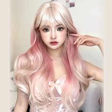 하이유니 로즈핑크 백금발 투톤 웨이브 롱 헤어 통가발 60cm, 로즈핑크+백금발 - 통가발+거치대+헤어망