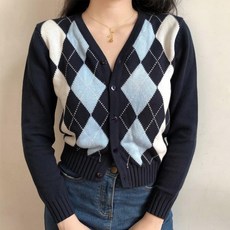 다이아몬드 니트 가디건 가을 브이넥 아가일 긴팔 카디건