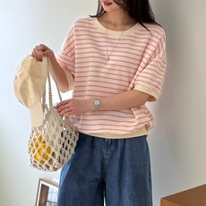 데일리앤 앨런 자체제작 여성 루즈핏 반팔 맨투맨 기본 면 스트라이프 티셔츠 봄 여름 가을