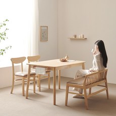 보니애가구 노블 고무나무 원목 4인 식탁세트 벤치형 네츄럴등받이벤치형 의자2 벤치1 