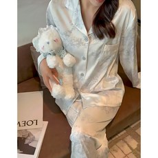 미야미 여성용 나염 고급 실크 루즈핏 파자마 긴팔 상하의 세트(2color)