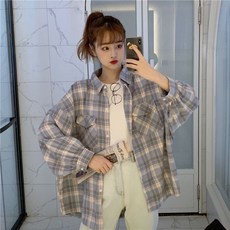 신신 슬림핏 체크 셔츠 여성 학생 한판 루즈핏 긴팔파워 여성 남성 긴팔PO 코트 여성, 푸른 색, M