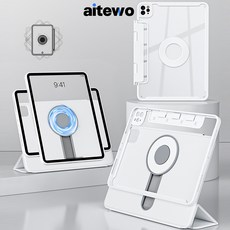 AITEWO 아이패드 마그네틱 케이스 높이조절 펜슬수납 360도회전 프로 1/2/3/4/5/6/7 세대 에어4/5/6/7 10.9인치 11인치 12.9인치 13인치 M2 M3 M4, 화이트, 1개