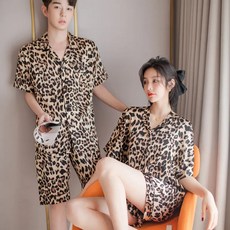반팔 프린트 세트 파자마 잠옷 반바지 커플잠옷 커플 여성용 레오파드 새틴 남성 여름