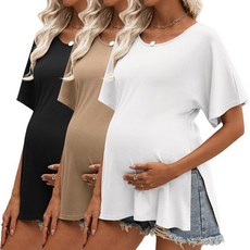 Riyiper 3팩 임산부 셔츠 면 돌먼 슬리브 스플릿 사이드 임산부 상의 크루넥 캐주얼 루즈 임산부 튜닉 티 카키 화이트 블랙