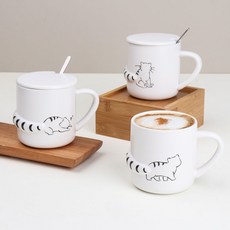 [쿡차 고양이 머그컵] 귀여운 홈카페 도자기 머그잔+머그 컵 뚜껑, 2개, 화이트-멍때리냥