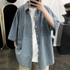 [해외] 남성용 포켓 디자인 워시 루스 데님 반소매 하와이안 셔츠 프렌치 커프 패션 카우보이 셔츠 CAMISA MASCULINA