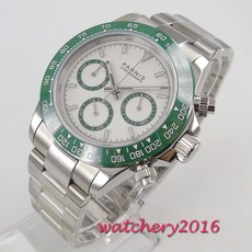 [해외] 신품 39mm parnis 화이트 다이얼 그린 베젤 크로노 그래프 사파이어 쿼츠 무브먼트 남자 시계