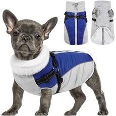 Queenmore Dog Coat 하네스 벌리드 아주 따뜻한 겨울 강아지 재킷 대형 중형 소형 방한 방수 옷 플리스 라인 반사 이지 온 도그 스노우 블루그레이 M 강아지조끼 강아지