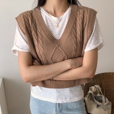 러브어텀 피셔 크롭 니트 베스트 브이넥 여성용 꽈배기 박스 조끼