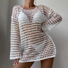 할로우 아웃 비키니 커버 탑 여성 비치웨어 긴 소매 비치 드레스 크롭 수영복 업