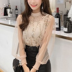 라쿤걸 스팡글자수 망사 블라우스 KH332