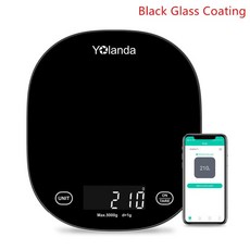 Yolanda 5kg 스마트 주방 저울 블루투스 앱 전자 디지털 식품 중량 저울 측정 도구 영양 분석, 5킬로그램, 중국 명사, 검은색 유리 발광 다이오드