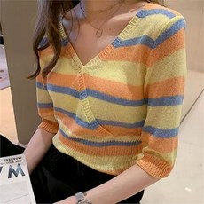 무드무드 레인보우 브이넥 랩 니트