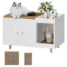 Furologee 스크래치 패드가 있는 고양이 배변 상자 인클로저 칸막이가 있는 숨겨진 고양이 배변 상자 나무 고양이 화장실 가구 실내 고양이 집 작은 테이블 거실용 고양이 박스, Furologee 스크래치 패드가 있는 고양이 배변 상, 1개