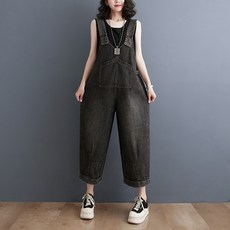 빅사이즈 모던 캐주얼 데님 멜빵바지 여름 루즈핏 데일리 7부 일자 점프슈트