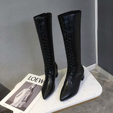 여성 스틸레토 장화 롱 부츠 가을 겨울 스트랩 레이스 업 라이더룩 신발 슈즈