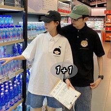 여름 커플반팔티 남녀공용 터틀넥 앞단추 반팔티셔츠 레터링 프린트 커플룩 2P
