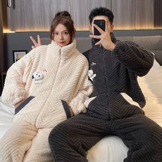 MOSAIRATION 커플 파자마 커플 도톰한 코랄 파자마 남 겨울 루즈핏 빅사이즈 여성 기모 집업 홈웨어 외출용