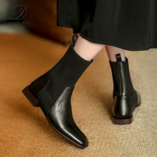 여자 사각코 슬림핏 스판 가죽 부츠 여성 패션 숏 슈즈