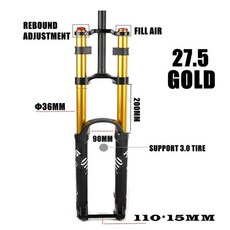 자전거 서프펜션 MTB 산악 DH AM 듀얼 더블 크라운 에어 포크 27.5 29er 리바운드 조정 스루 액슬 110MM 15MM 엠티비 샥, 27.5 황금