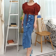 [설세라] 크롭 블라우스 린넨 스커트 세트