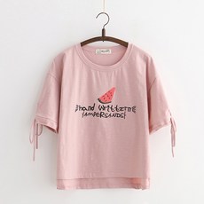 달콤한 수박자수 학생 상의 여 라운드 풀오버반팔 여름 파스텔 여성