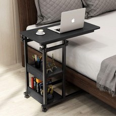 월로덴 이동식 C형 사이드 테이블 노트북 침대 소파 이동식 높이 조절 다용도 책상 선반, 블랙 +블랙 프레임