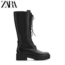 Zara 새로운 여성 신발 블랙 레이스 업 롱 플랫 부츠 다크 마틴 부츠 12054610040