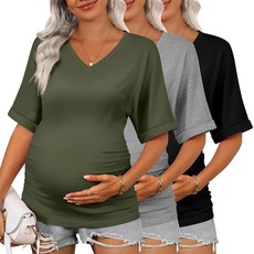 Ficerd 3팩 여성용 임산부 셔츠 브이넥 반소매 사이드 주름 장식 임산부 티 탑 캐주얼 튜닉 블라우스 엄마 의류 아미 그린 라이트 그레이 블랙