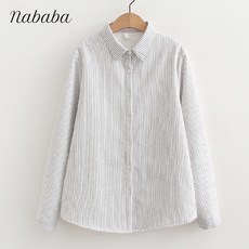 나바바 NB2387 여성 캐주얼 스트라이프 기모 긴팔 셔츠