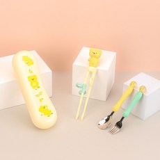 릴팡 유아용 더맥스 젓가락 + 스푼 + 포크 + 케이스 세트 LF8606, 옐로우베어, 1세트