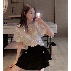 스팽글 퍼프 클럽 댄스 화려한 여성 루즈핏 셔츠 반짝이 블라우스