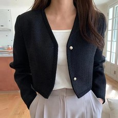 쪼예 브이넥 배색라인 트위드 크롭 자켓