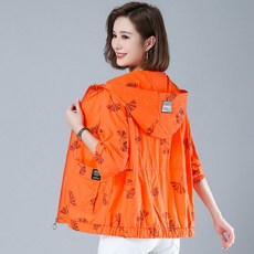 여름 여성 자켓 바람막이 후드집업 초경량 루즈핏 자외선차단 나뭇잎 패턴 점퍼30~60대 봄 가을 B86