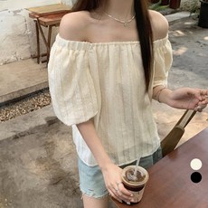 라라벨 여성용 블라우스 스퀘어 오프숄더 세로 스트라이프 루즈핏 반팔 여름 블라우스