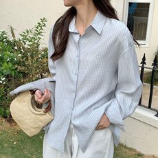 허블리 여성 루즈핏 스트라이프 롤업 린넨 쿨 셔츠 블리 데일리 여성 루즈핏 롤업 스트라이프 쿨 셔츠 블라우스