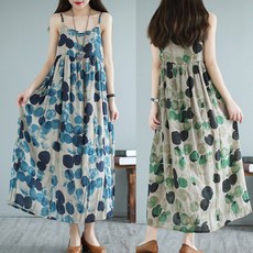 80kg까지 빅사이즈 날씬해보이는 이쁜 면마 주름 빈티지 끈나시 끈 원피스 여성 여름 편한 도트 프린트 루즈핏 린넨 이너 바캉스 여행 해변 비치 매력 롱 a라인 플레어 스커트