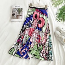 잡살뱅이 카툰 아트 프린트 플리츠스커트 허리 밴딩 롱 주름 새틴 속치마 스커트