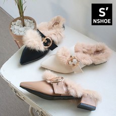 슬림 천연 퍼 벨트장식 블로퍼 뮬 230-250/4cm