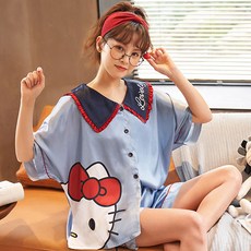 ocean blue whale hello kitty 여성 반팔 잠옷 아이스 여름 세트