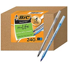 BIC PENS 대형 대용량 잉크 240개 팩 Bic Round Stic Xtra Life 볼펜 중형 1.0mm 검정색 펜 120개 및 파란색 펜 120개 상자 콤보 팩