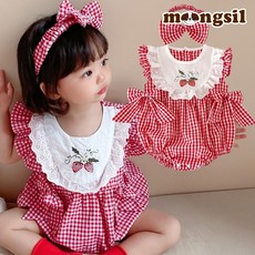 몽실이 레드체크나시 바디수트 헤어밴드