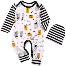Unisex Baby Girls Boys Halloween Outfits My First Halloween Romper Stripe Pumpkin Jumpsuit Hat 잠옷 옷 (White + Strip, 단일옵션