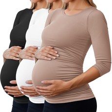 Riyiper 3 Pack Women's Maternity Shirts 3/4 Sleeve Crew Neck Pregnancy Tee Tops Side Ruched Casual